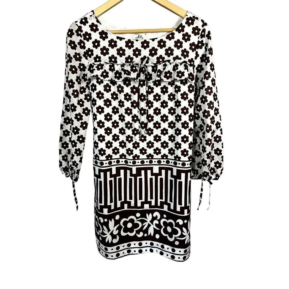 MILLY Women's Ruffle Detail Y2K Floral & Abstract Print Mini Shift Dress Brown 4